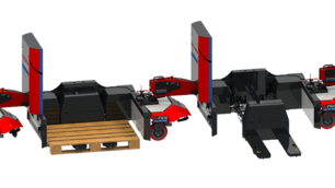 Automated tugger train load carrier with telescopic forks