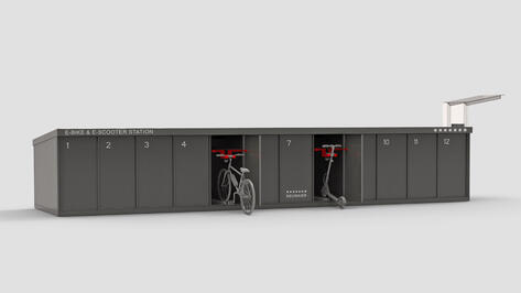 Neumaier rental station for e-bikes and e-scooters with integrated charging statioon and payment option.